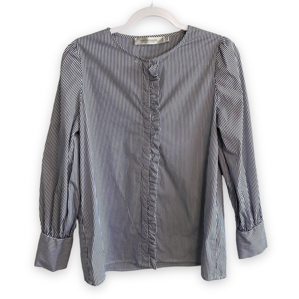 Simons - Ruffle Front Pinstripe Shirt - Size Small - NWOT